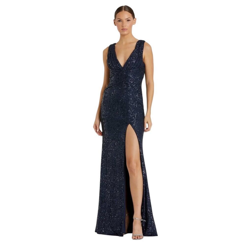 Mac Duggal 265597 Midnight Blue Sequins High Slit Maxi Size 14 $398
